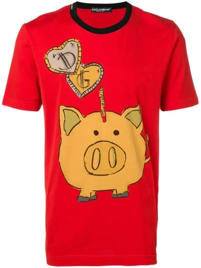 Dolce Gabbana Piggy Bank Printed Cotton Jersey T-shirt In Red (S)